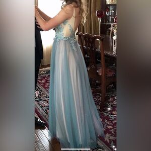 Elegant Blue and Gold Prom Dress